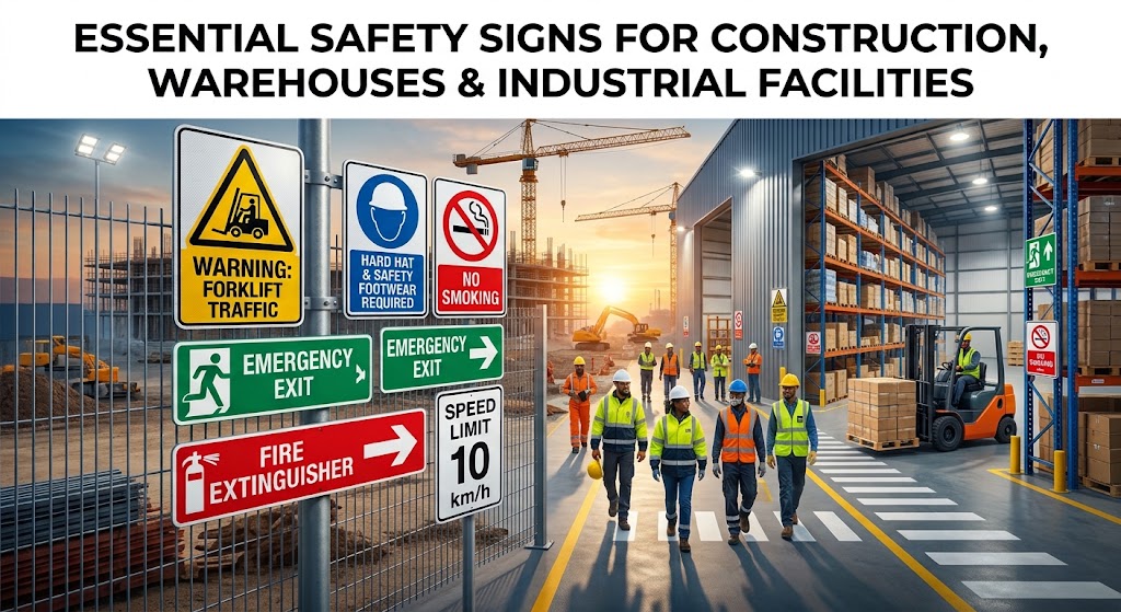 essential safety sings construction warehouse
